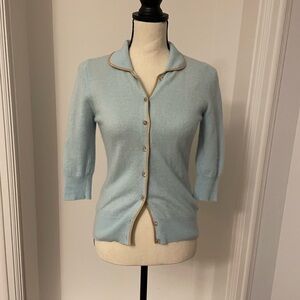 Boden Light Blue Cardigan with Tan Trim